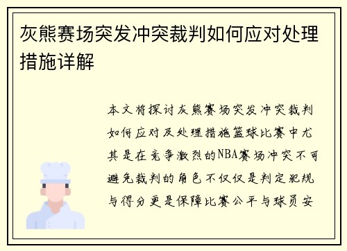 灰熊赛场突发冲突裁判如何应对处理措施详解