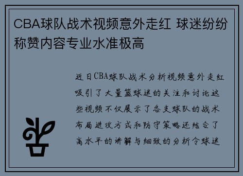 CBA球队战术视频意外走红 球迷纷纷称赞内容专业水准极高